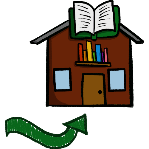  a green curved arrow pointing to a brown library. It has a brown door, and a big green book on it. Above the door is a shelf with books in rainbow order 